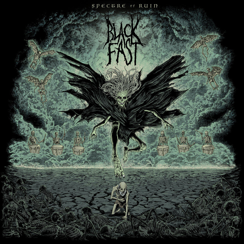 A Black Fast album borítója. Egy szárnyas csontváz figura és más alakok sötét, felhős környezetben.