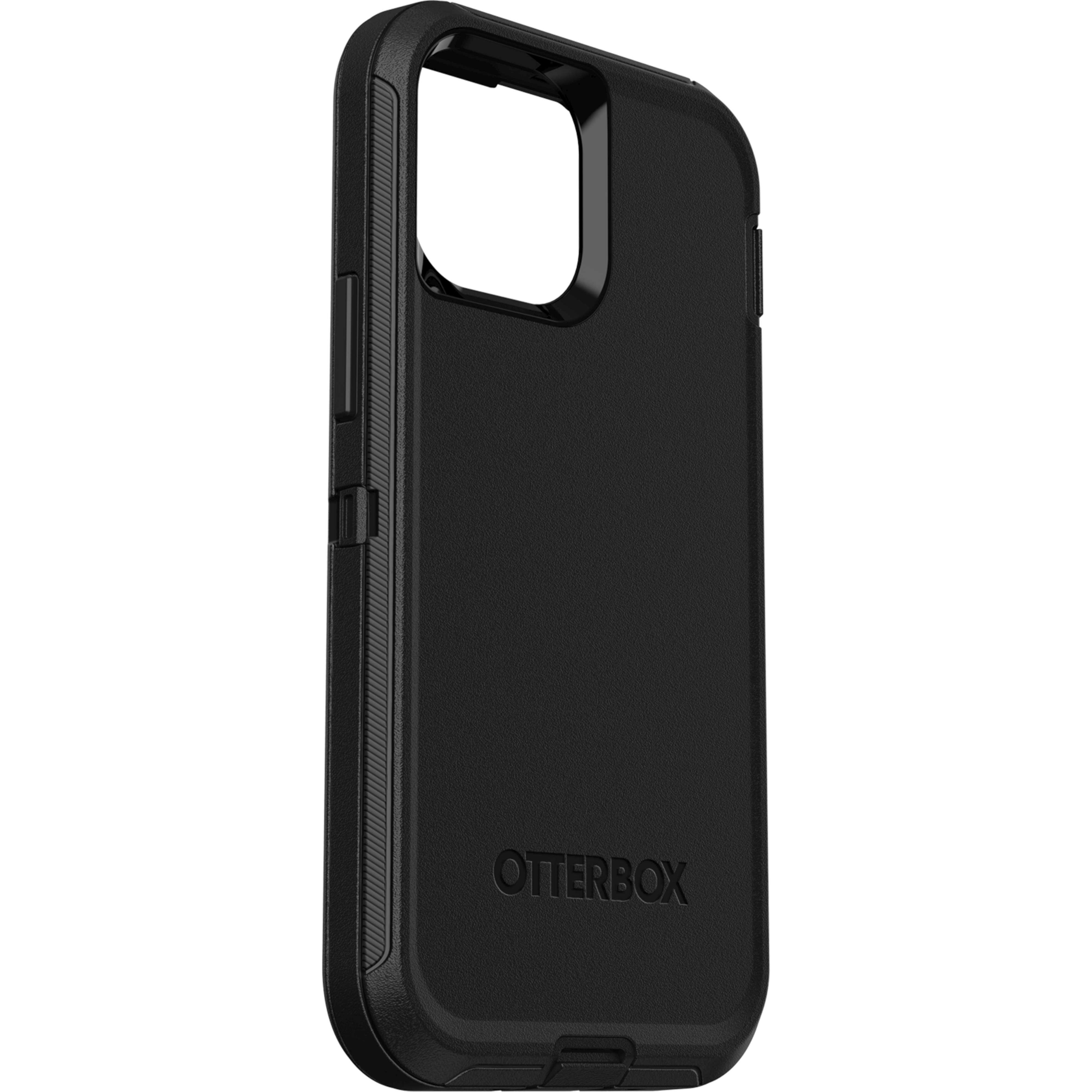 Schwarze OtterBox-Handyhülle. Strukturierte Rückseite und Seite, mit OtterBox-Logo. Bietet Schutz.