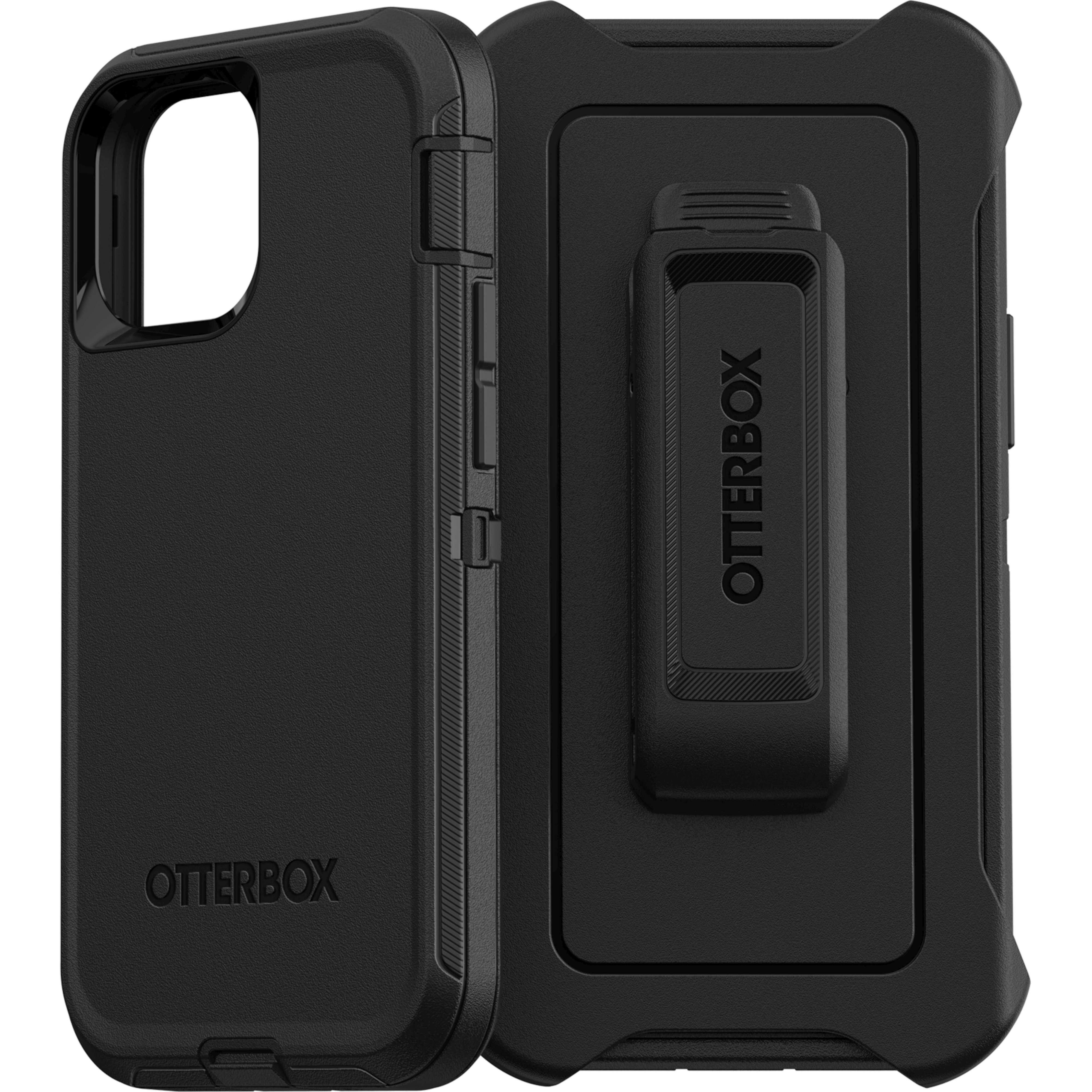Schwarze OtterBox-Handyhülle, offen, mit telefonförmigem Innenraum und Gürtelclip auf weißem Hintergrund.