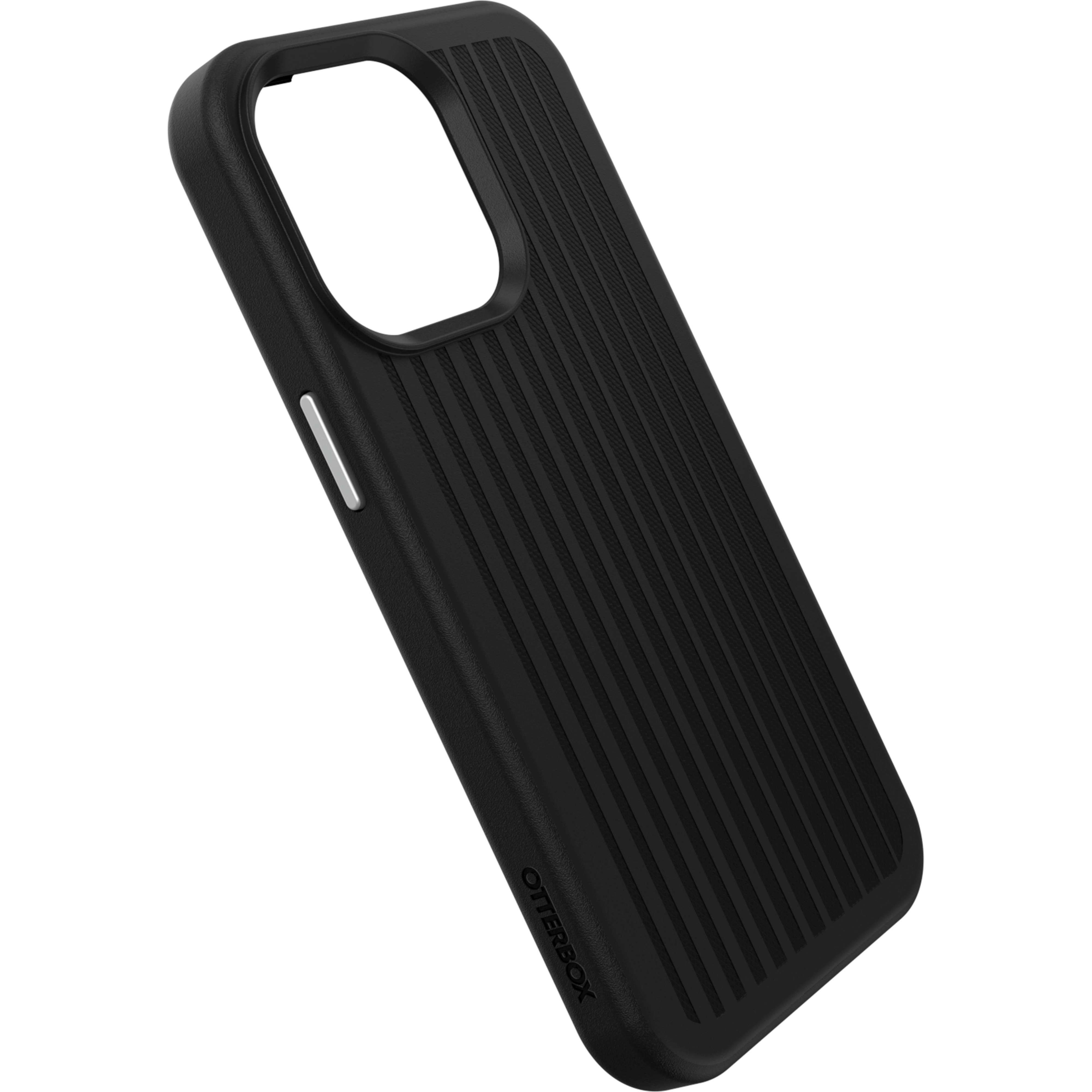 Eine schwarze Handyhülle mit vertikalen Linien und dem Otterbox-Logo.