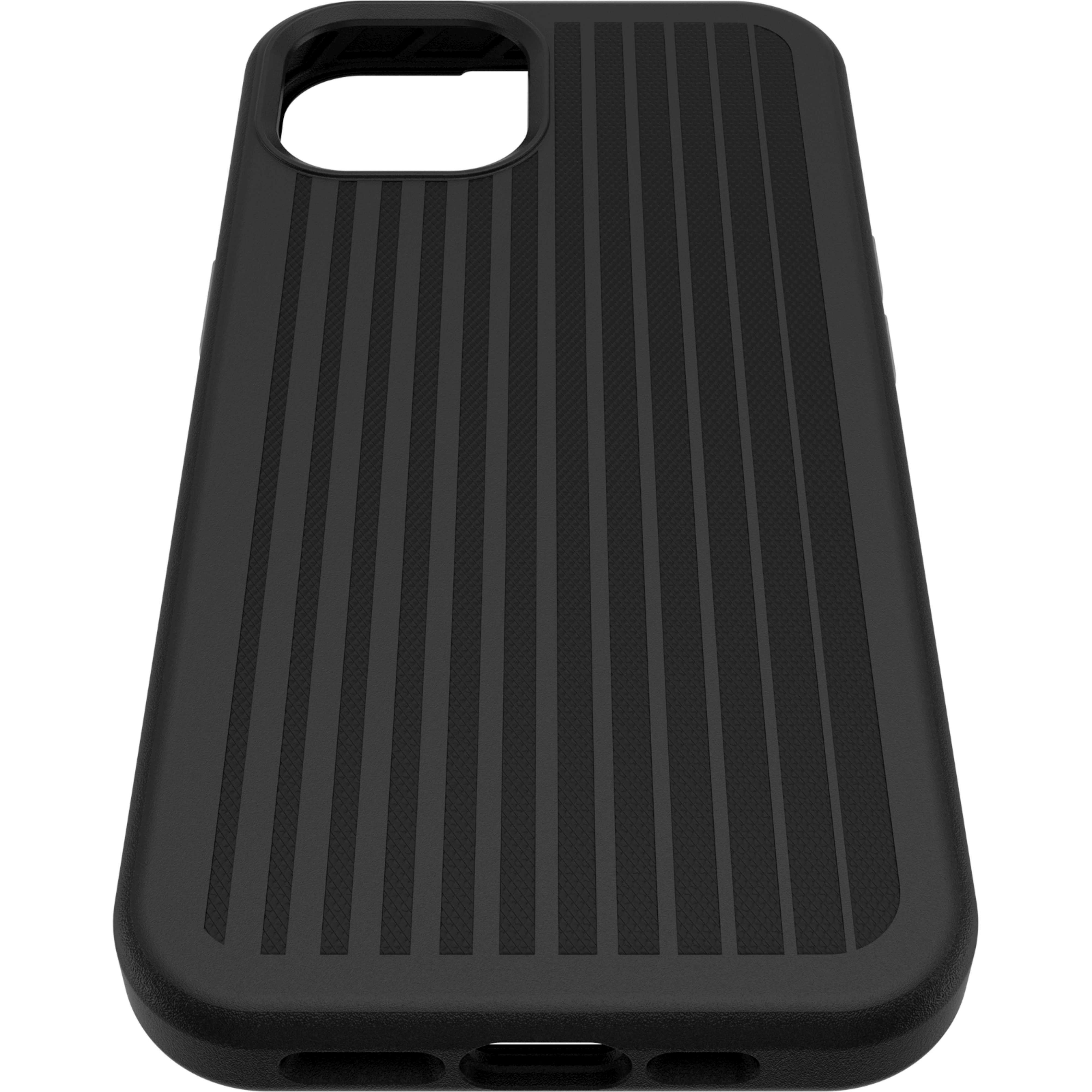 Schwarzes iPhone Case mit vertikalen Rillen, Aussparungen für Unterseite und Kamera.
