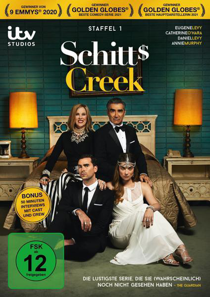 DVD-Cover von 'Schitt's Creek' mit der Hauptbesetzung. Auszeichnungen und der Titel der Show sind sichtbar.