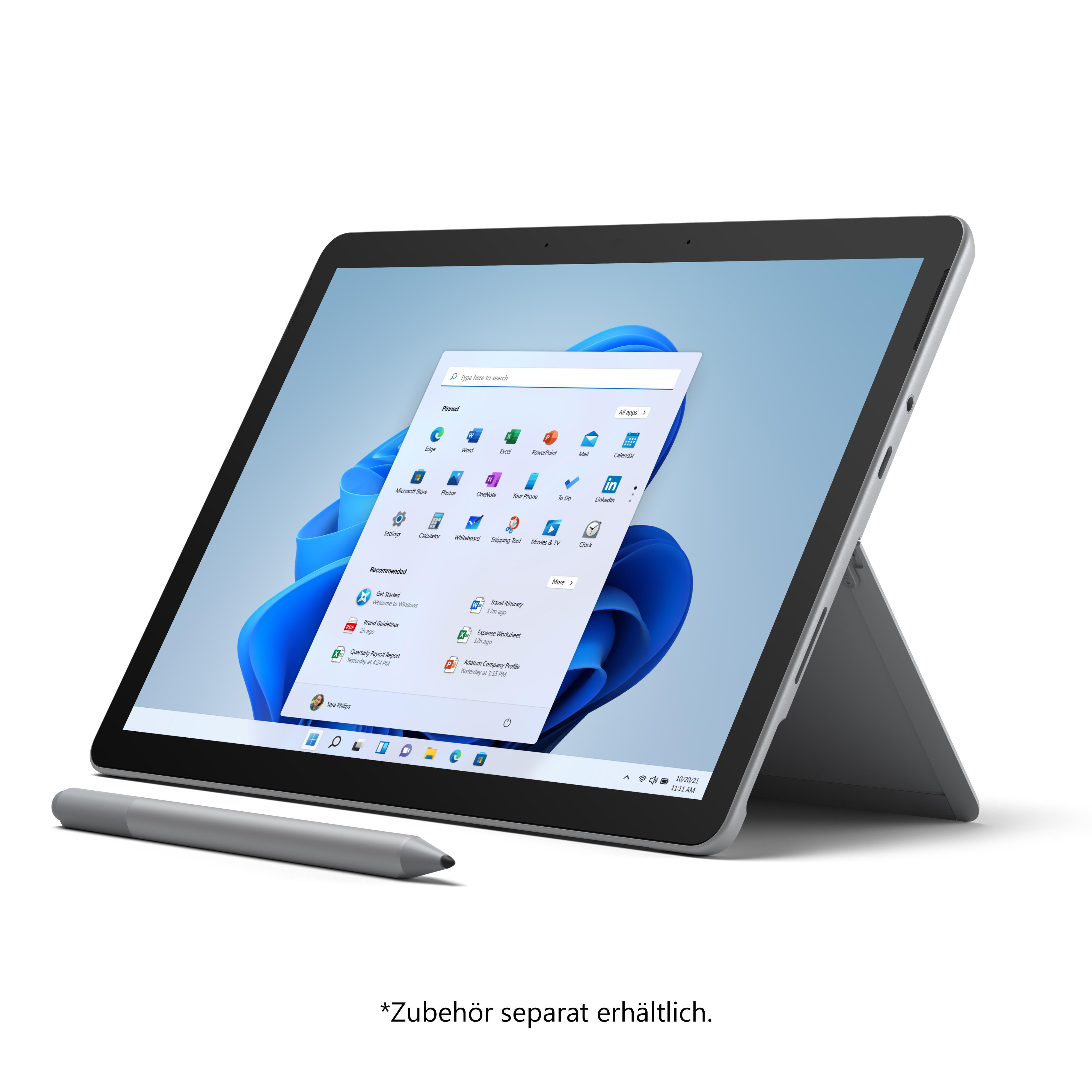 Surface Go Tablet mit Stift, Tastatur und Windows 11 auf dem Bildschirm.