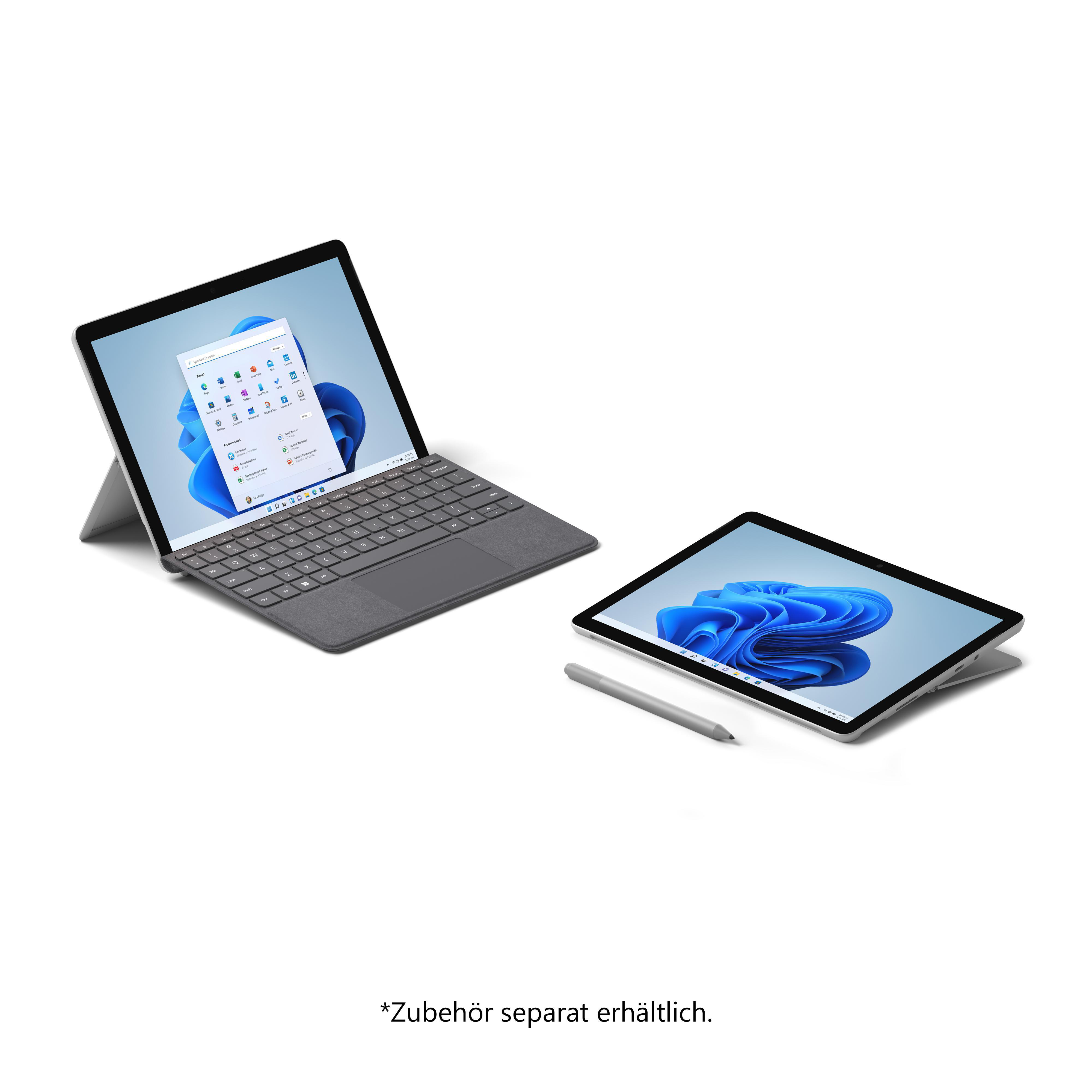 Zwei Surface-Tablets, eines offen mit Tastatur und das andere flach liegend, beide auf weißer Oberfläche.