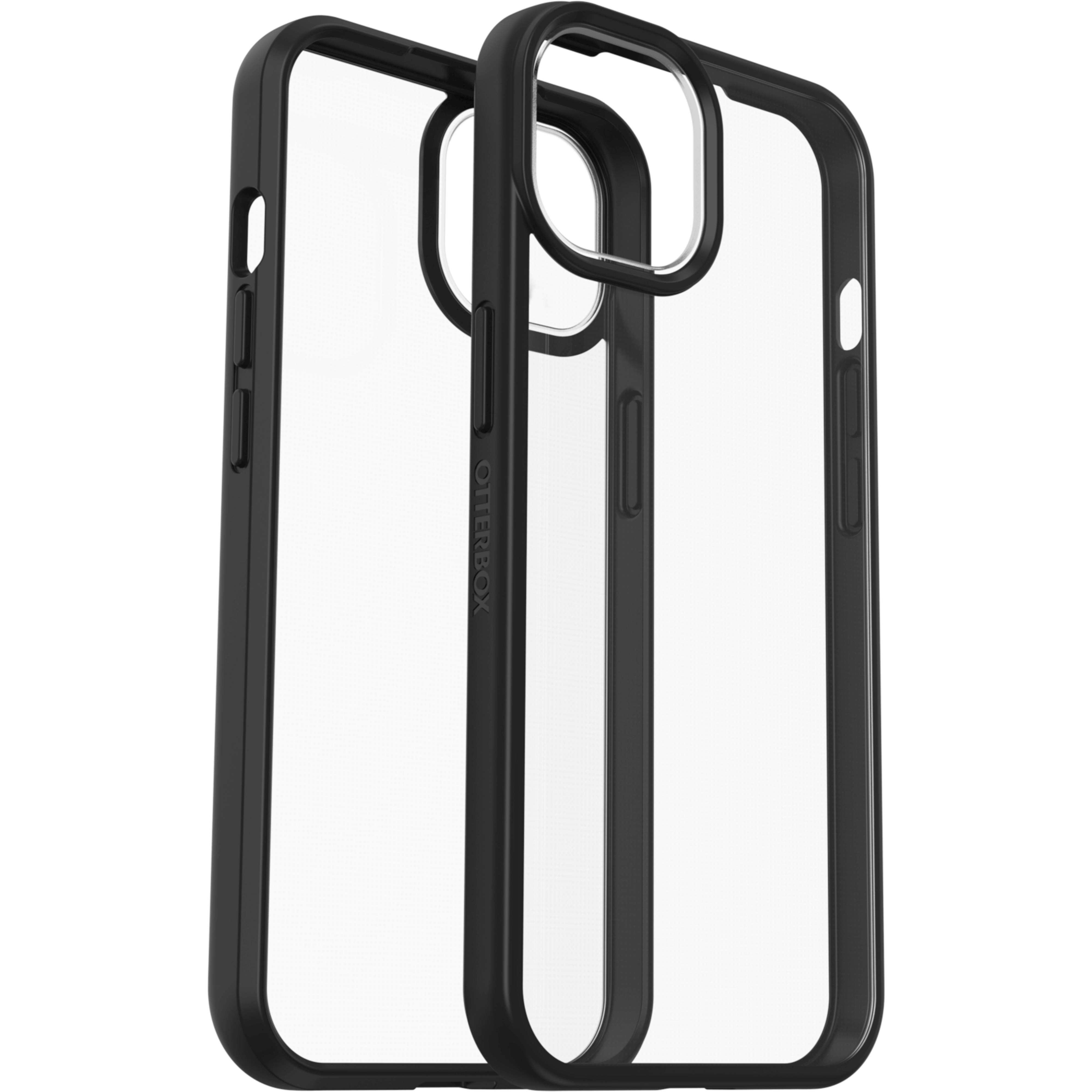 Zwei schwarze OtterBox-Handyhüllen. Die Hüllen sind geöffnet und das durchsichtige Plastik im Inneren ist sichtbar.