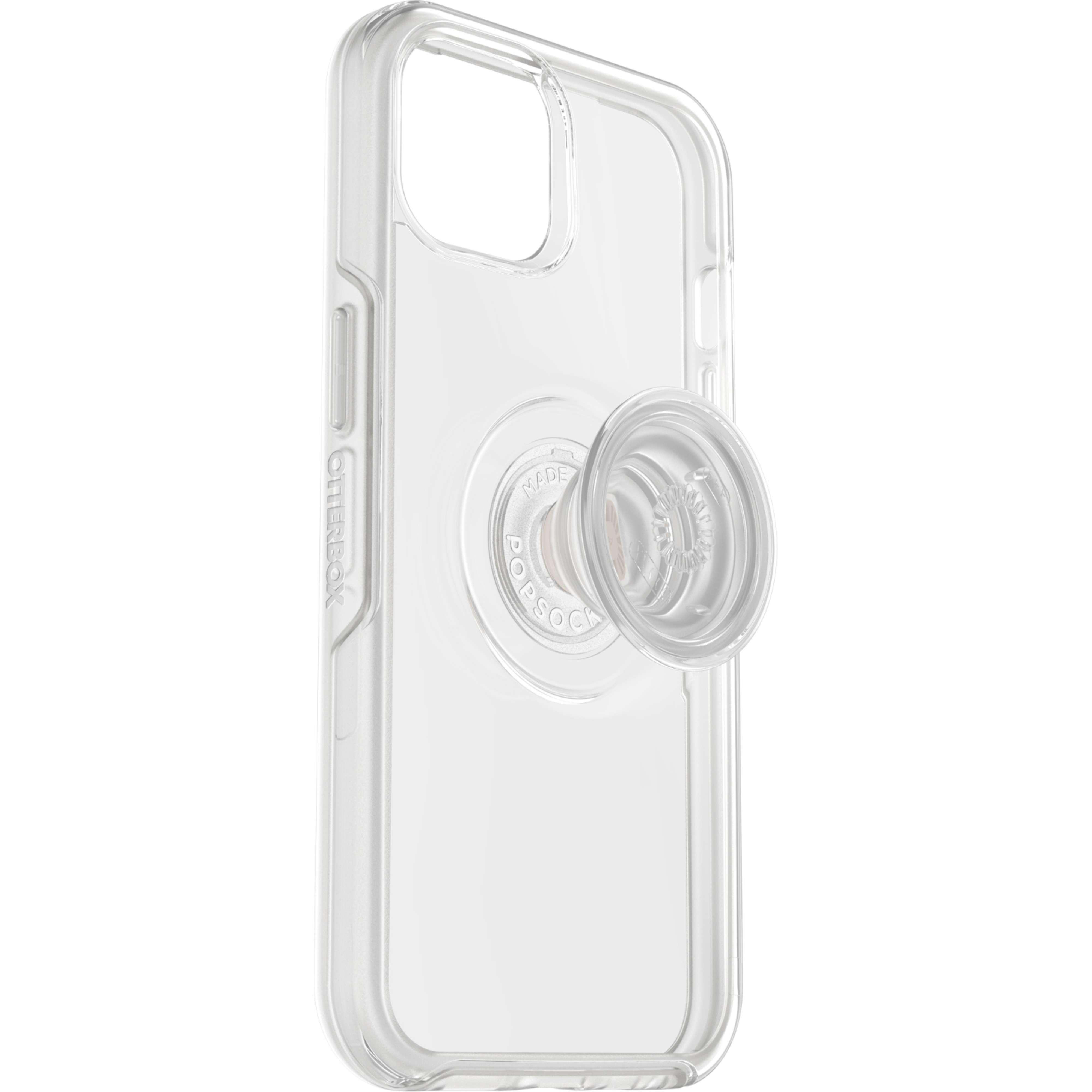 Eine transparente Handyhülle mit angebrachtem PopSockets-Griff.
