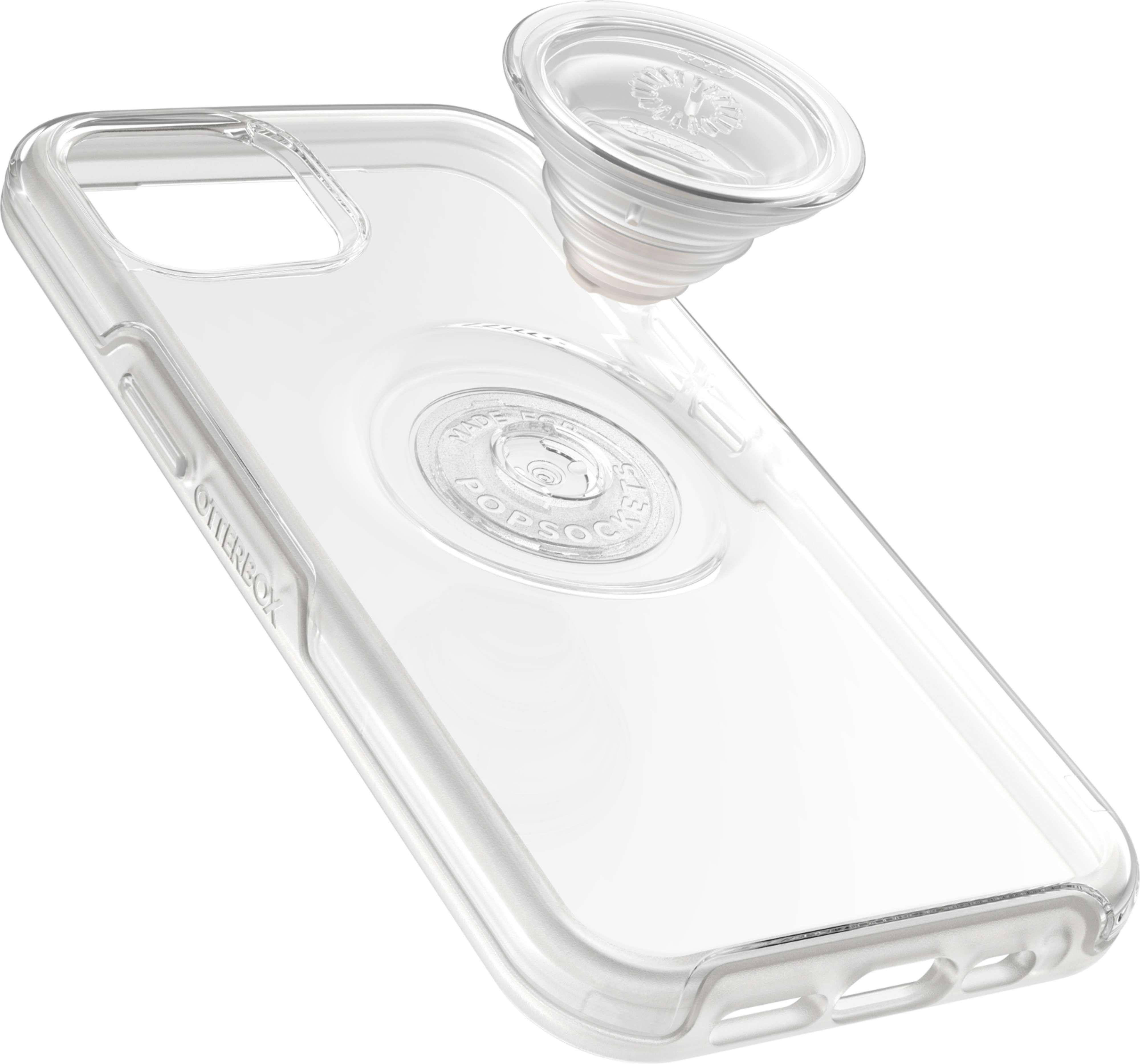 Transparente Handyhülle mit PopSockets-Griff, auf weißer Oberfläche, mit Popsocket-Logo.
