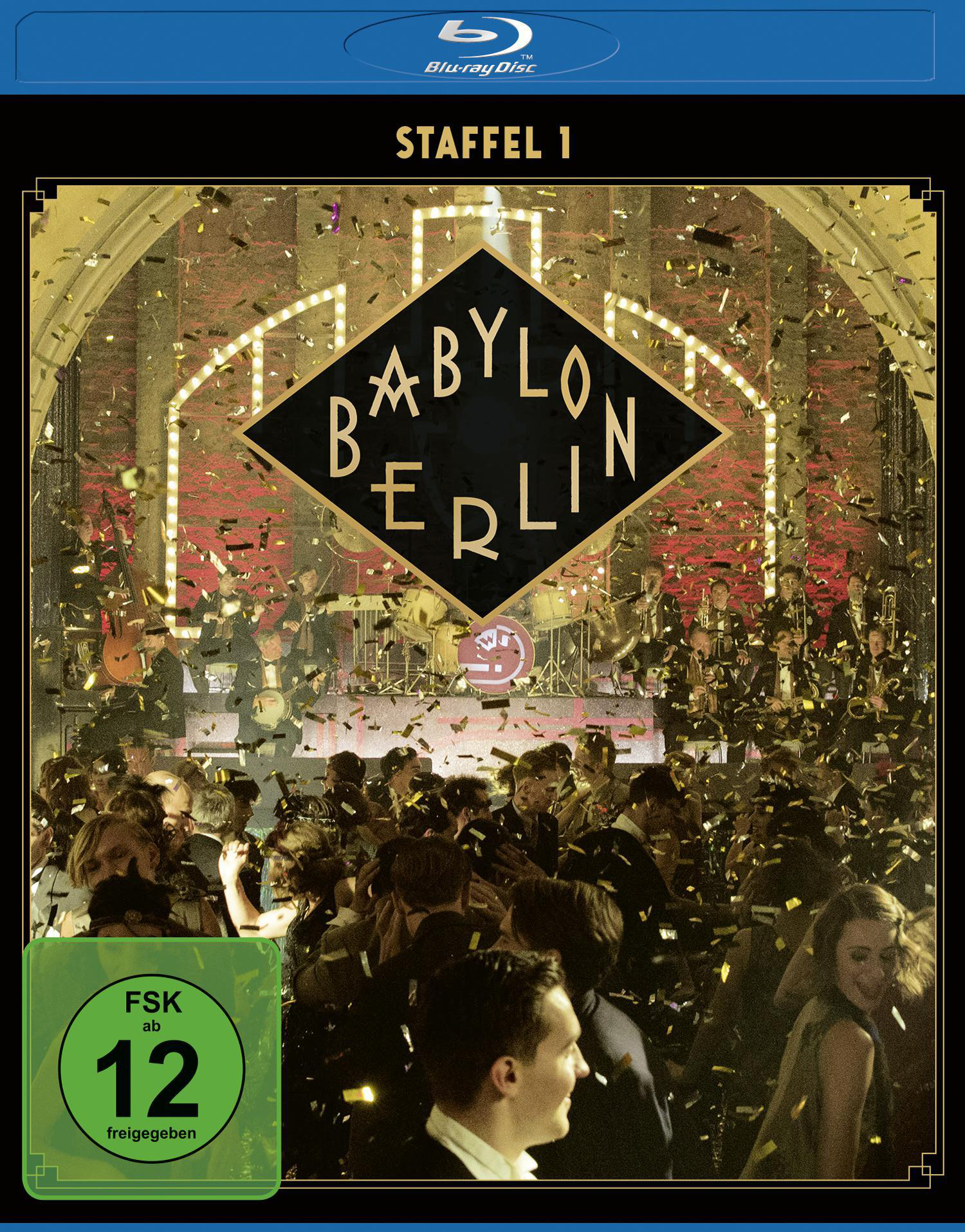 Blu-ray-Cover, Babylon Berlin, Staffel 1. Szene einer Party mit Konfetti und Orchester.