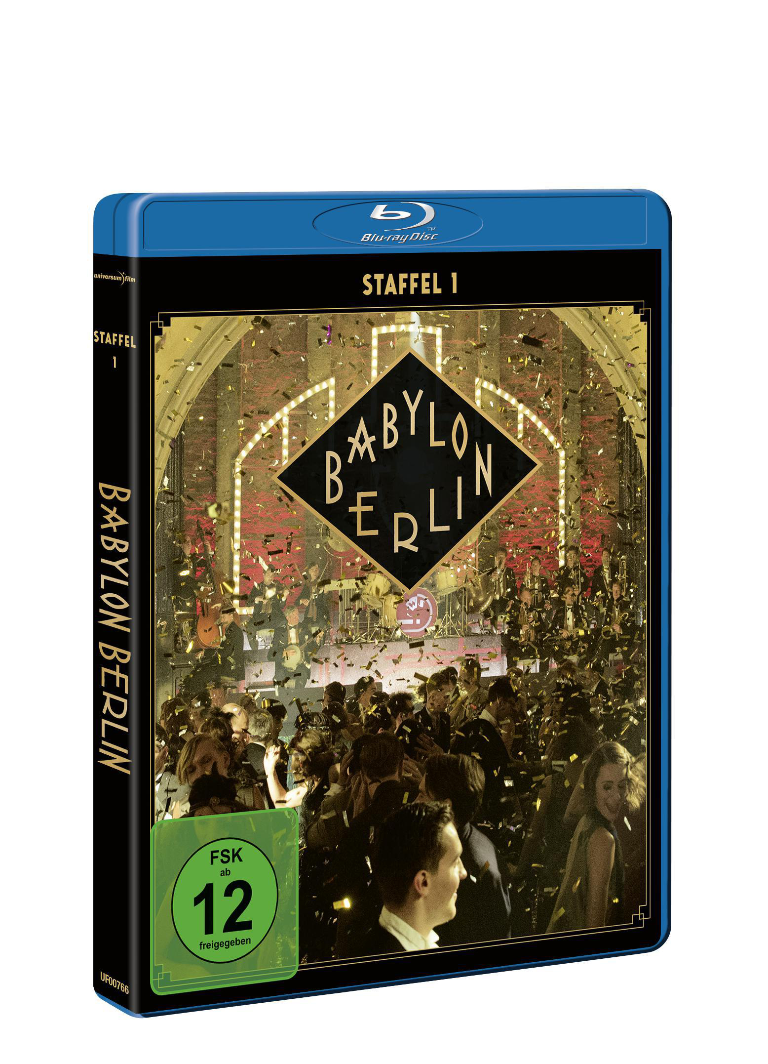 Blu-ray-Disc-Hülle für die Fernsehserie Babylon Berlin, die eine überfüllte Szene zeigt.