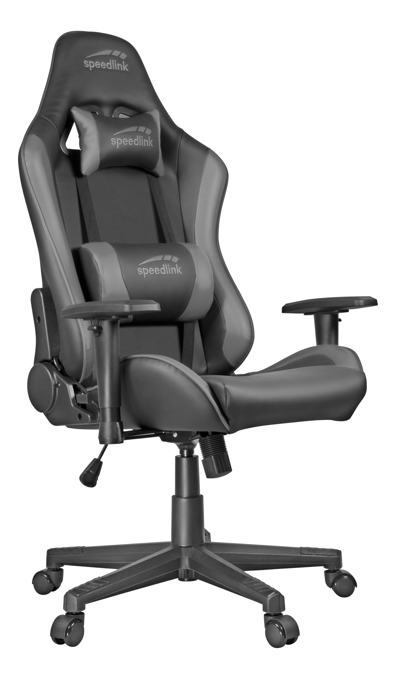 Ein schwarzer Gaming-Stuhl mit Kopfstütze, Rückenlehne, Armlehnen und einem Fünf-Rollen-Fuß.