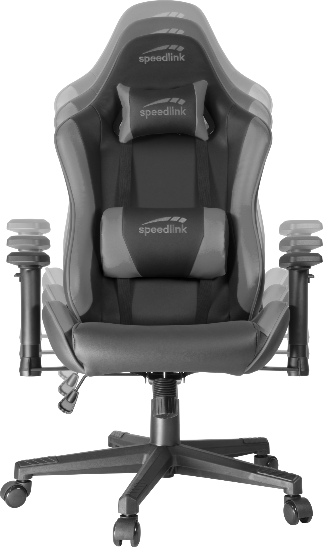 Schwarzer und grauer Gaming-Stuhl mit Kopf- und Lendenwirbelstütze.