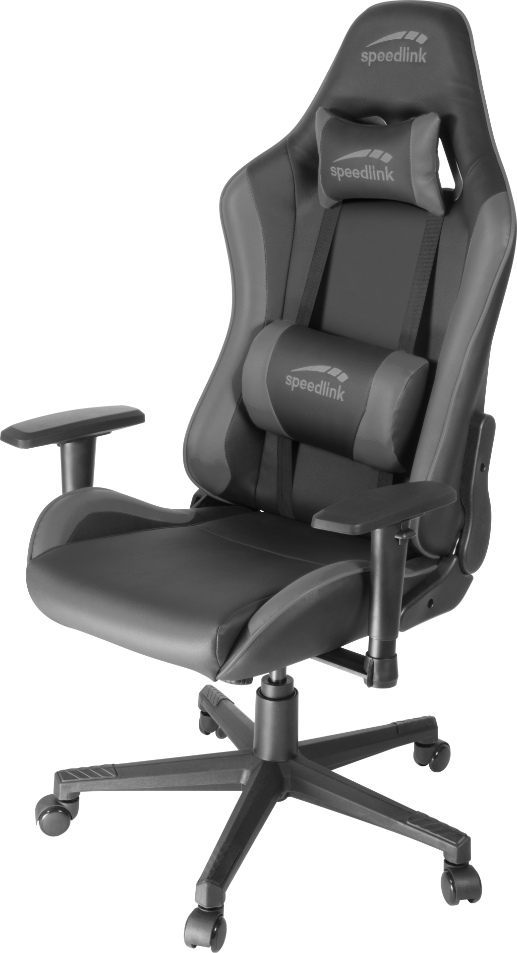 Schwarz-grauer Gaming-Stuhl mit Kopf- und Lendenwirbelstütze.