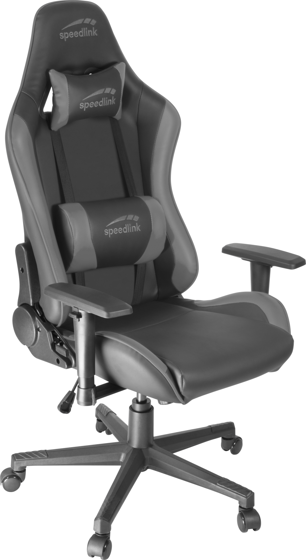Gaming-Stuhl, schwarz und grau, mit Kopfstütze und Lordosenstütze, auf schwarzem Sockel.
