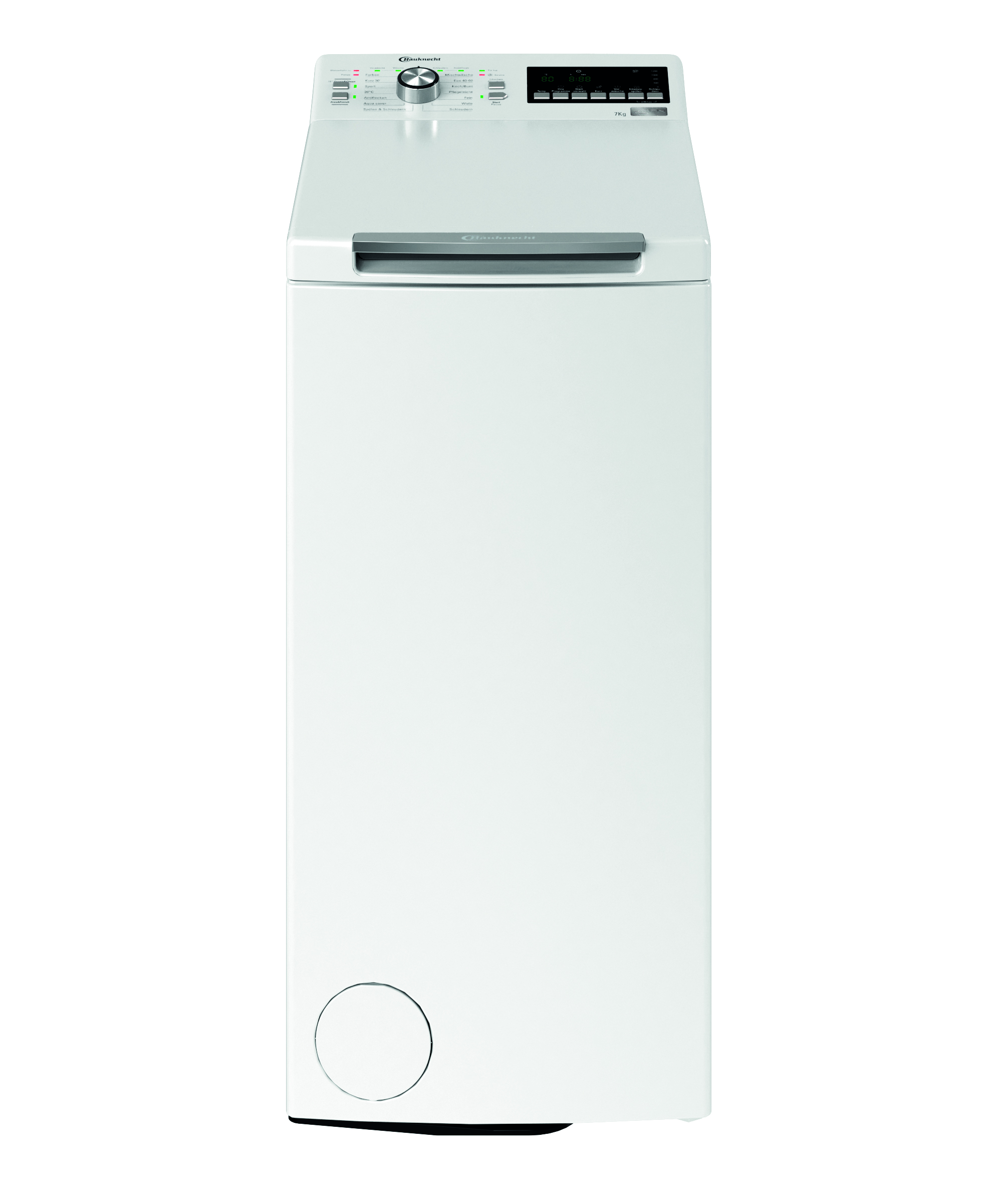 Weiße Waschmaschine mit Toplader-Design, Knöpfen und Digitalanzeige.