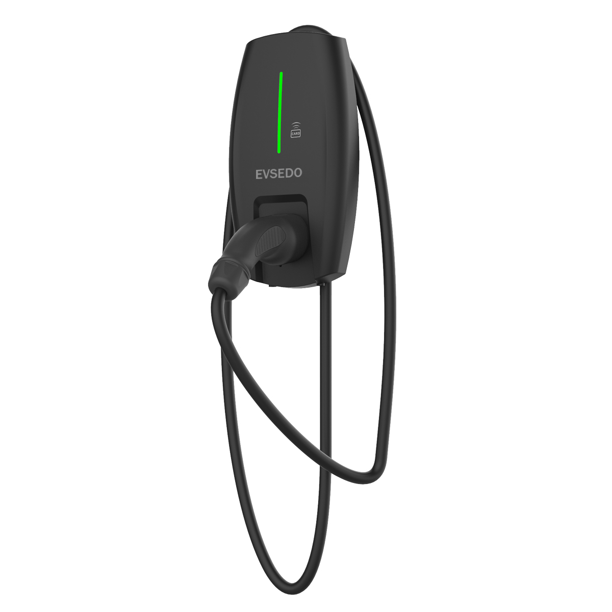 Eine schwarze EVSE-Ladestation mit angeschlossenem Ladekabel.