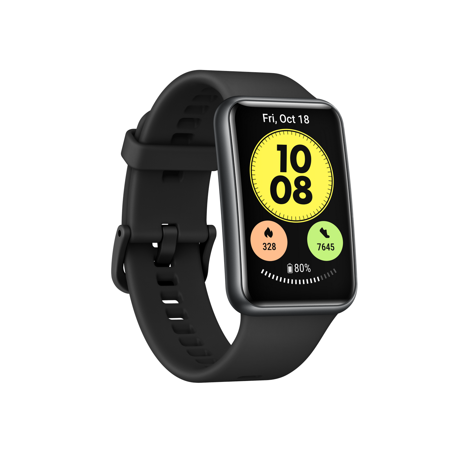 Reloj inteligente negro muestra hora y métricas de salud sobre fondo negro.
