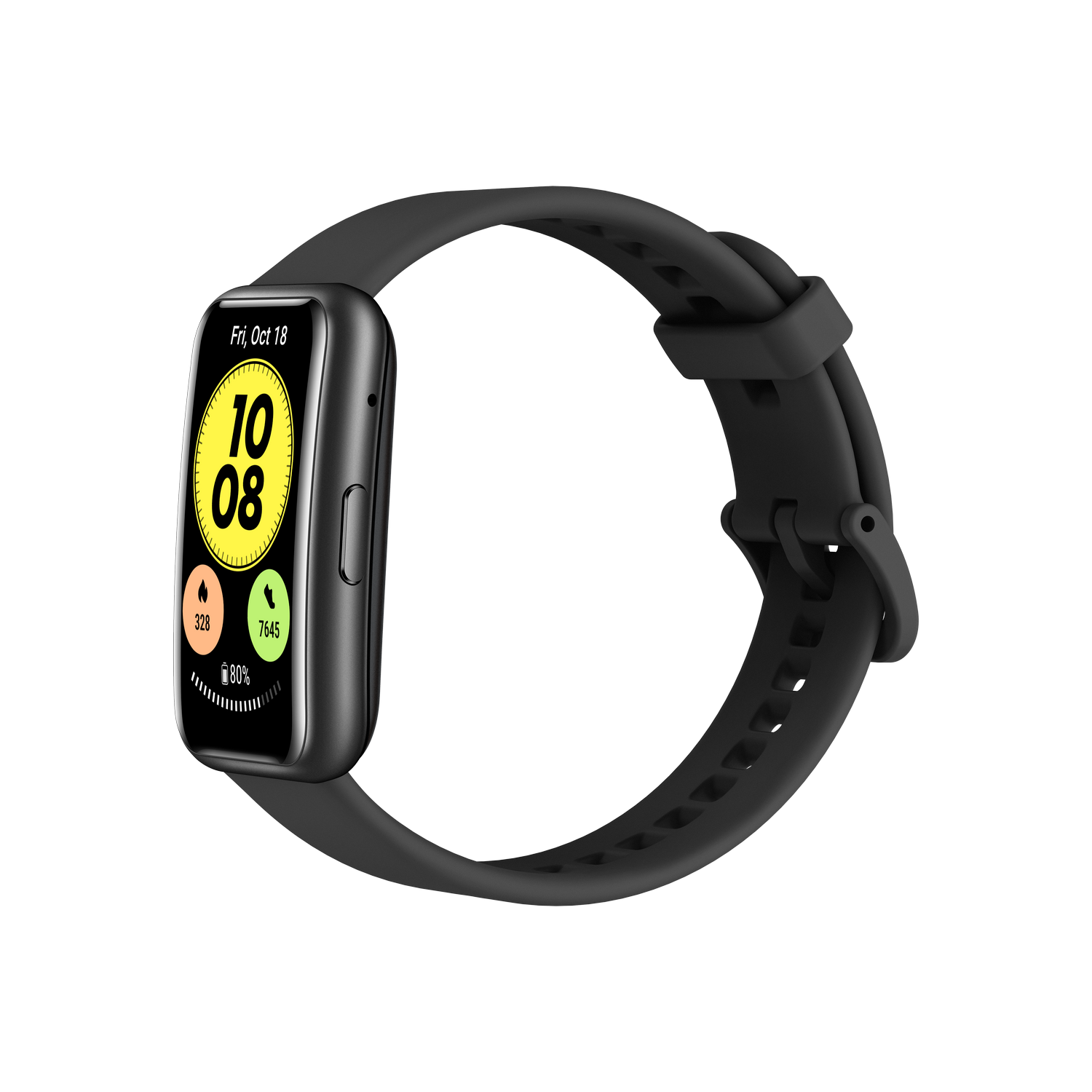 Un reloj inteligente negro con una pantalla amarilla que muestra la hora, los pasos y el nivel de batería. Correa negra.