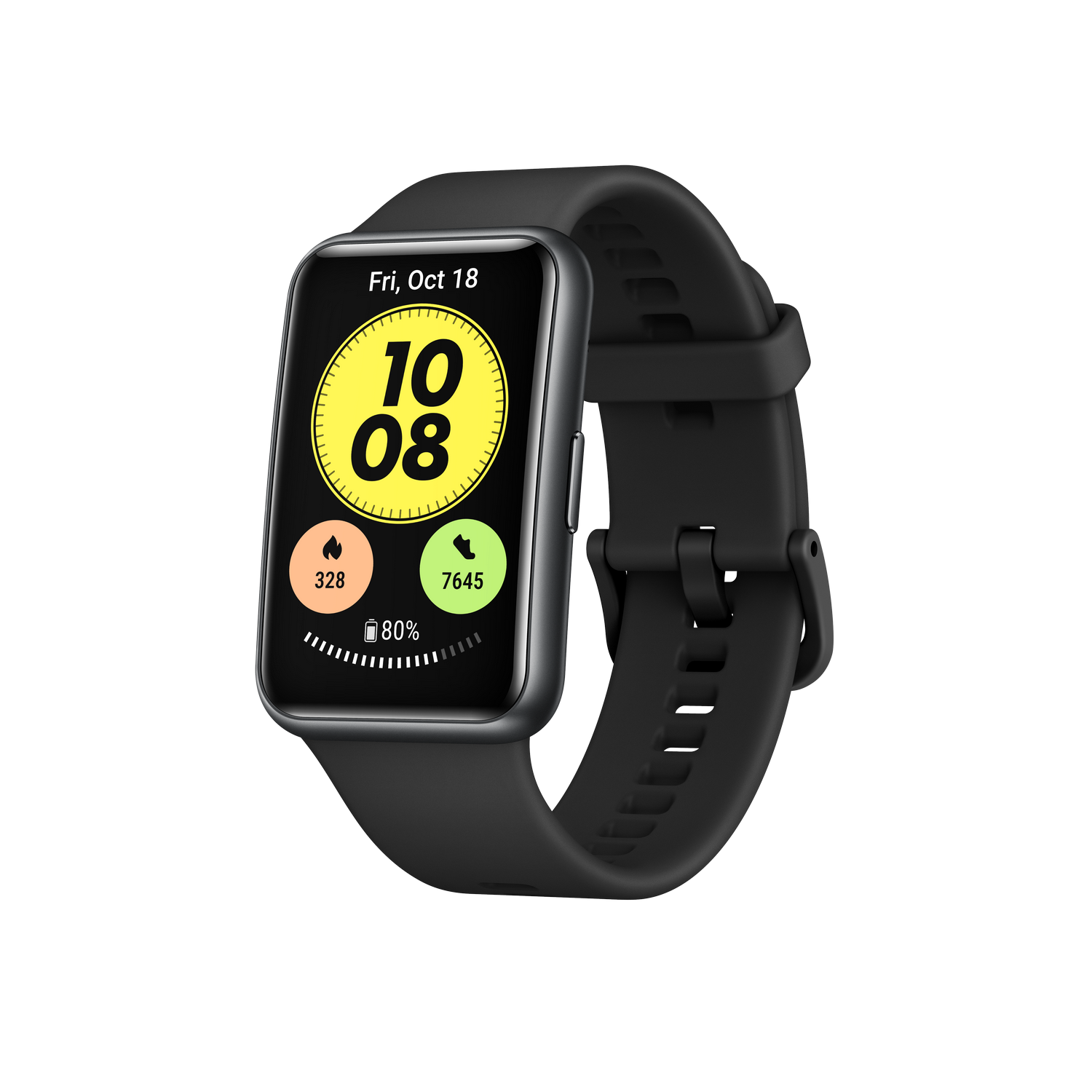 Un reloj inteligente negro con pantalla rectangular muestra la hora, fecha, pasos y nivel de batería.