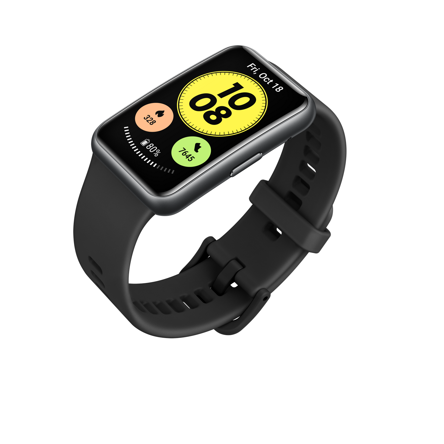 Un reloj inteligente negro con una pantalla rectangular que muestra la hora y las métricas de actividad.