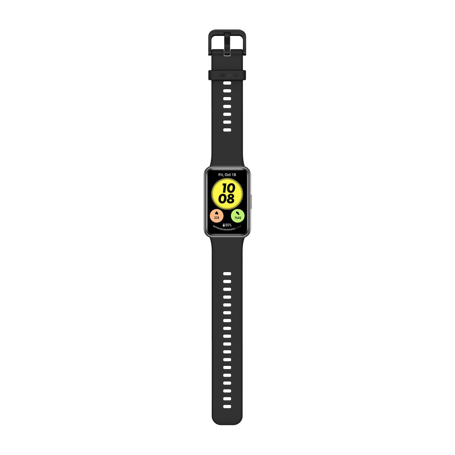 Smartwatch negra con pantalla rectangular, correa negra y pantalla amarilla y verde sobre fondo negro.