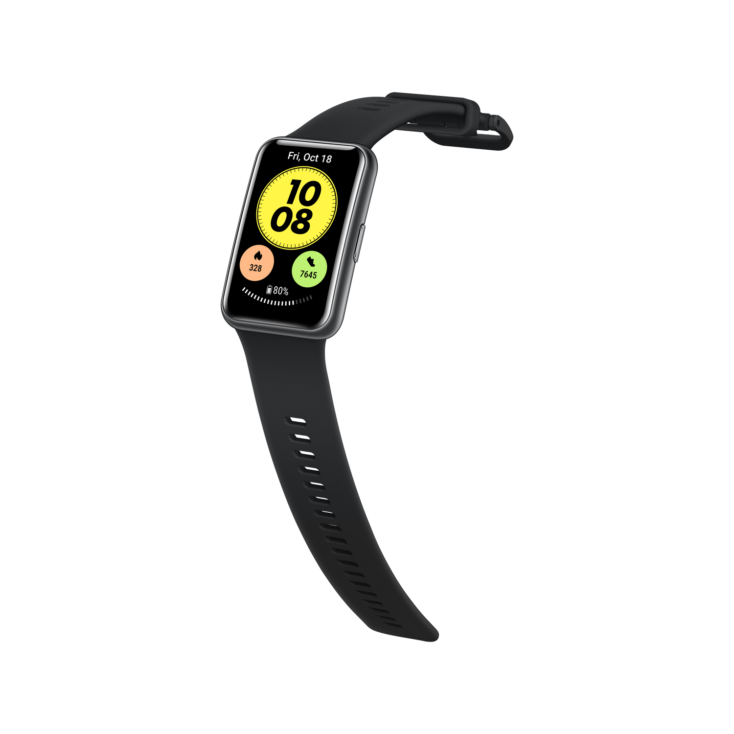 Reloj inteligente negro con correa negra y pantalla amarilla y blanca.