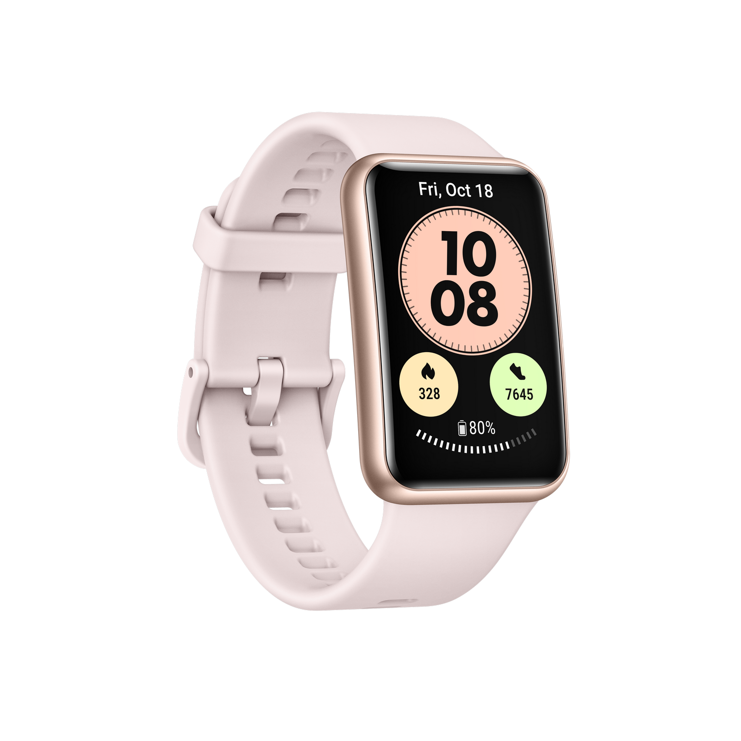 Smartwatch rosa con pantalla rectangular que muestra hora, pasos, frecuencia cardíaca y porcentaje de batería.