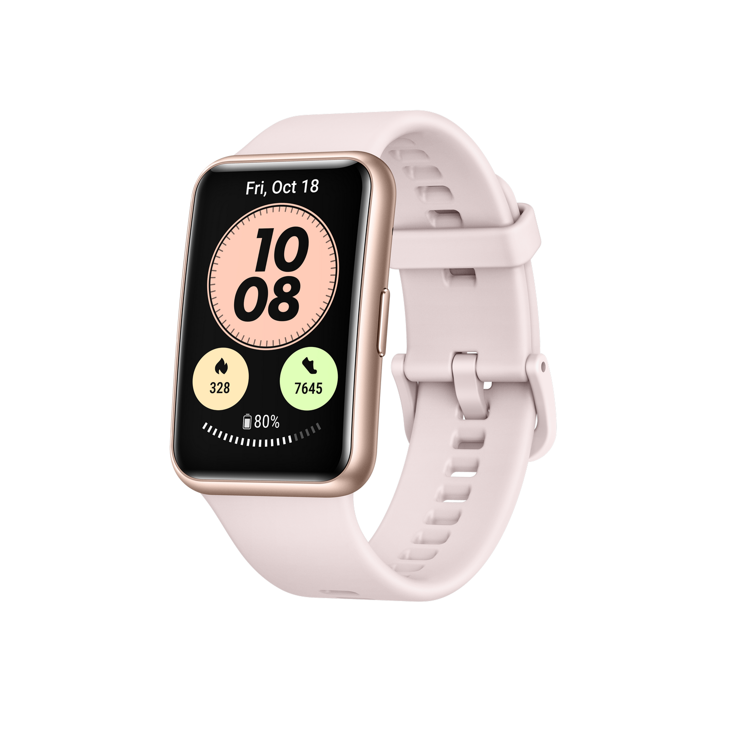 Smartwatch negra y dorada con correa rosa, mostrando la hora, métricas de salud y batería.