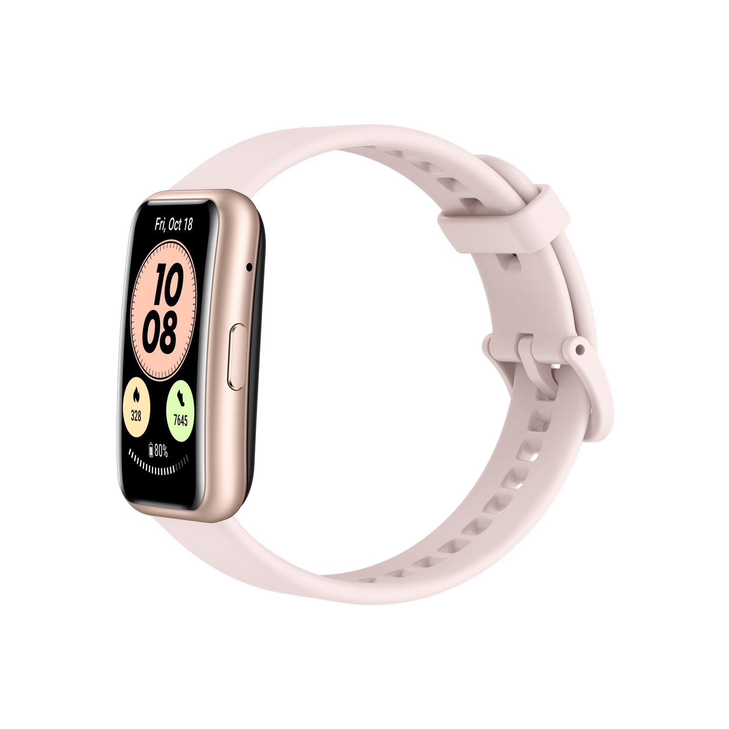 Un reloj inteligente rosa claro con caja dorada y correa blanca muestra la hora.