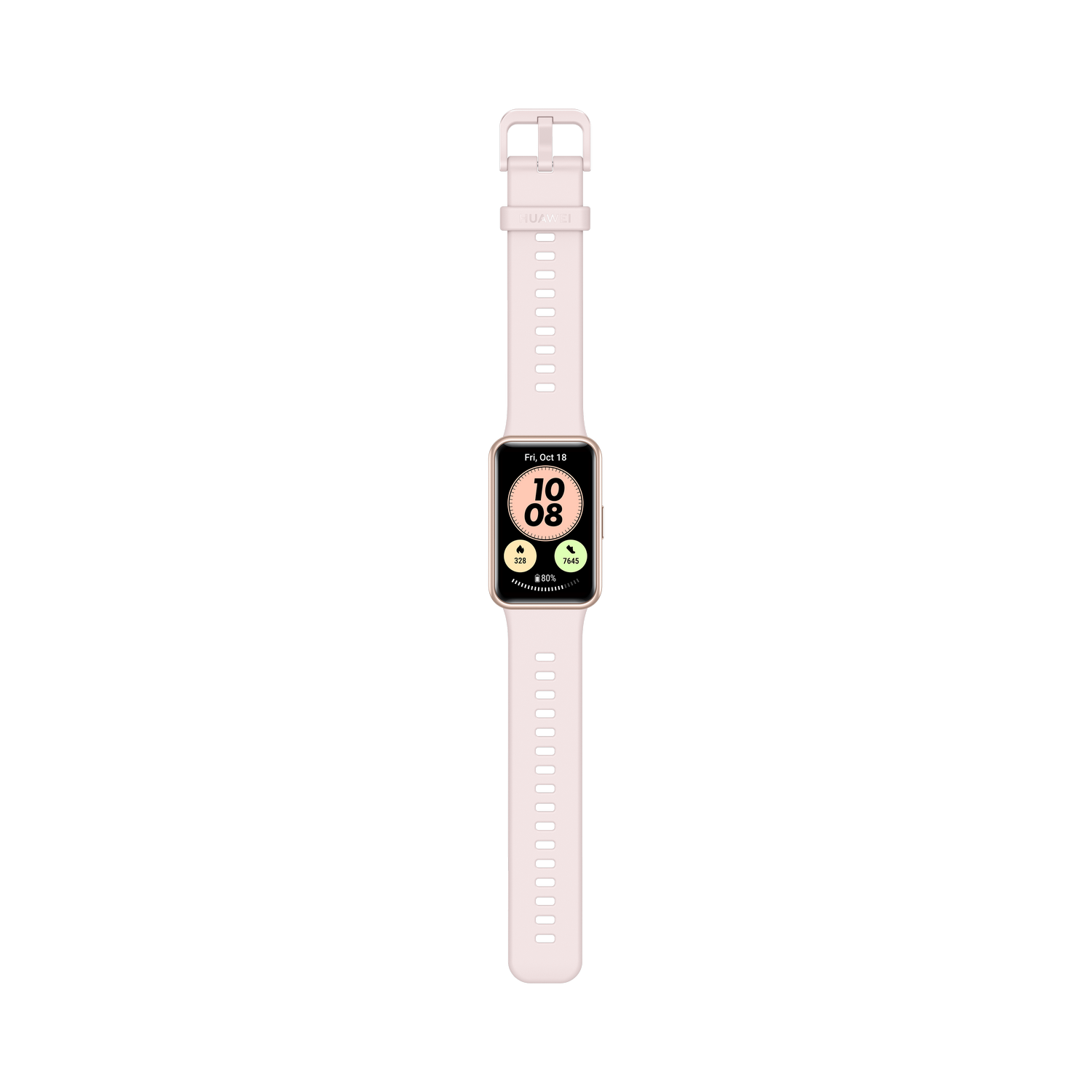 Reloj inteligente Huawei rosa con pantalla rectangular, fondo negro.