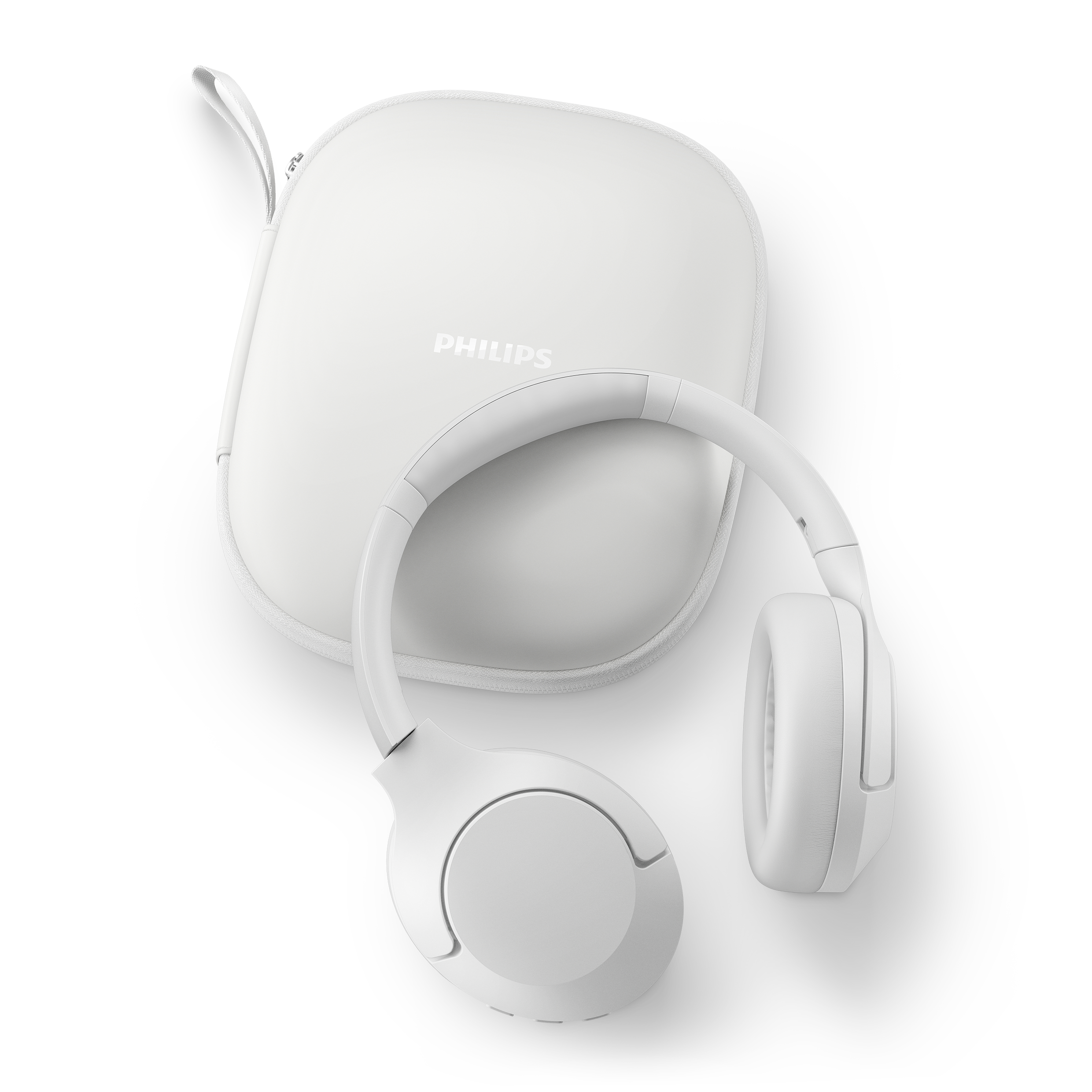 Weiße Kopfhörer und eine weiße Tragetasche, mit sichtbarem Philips-Logo.