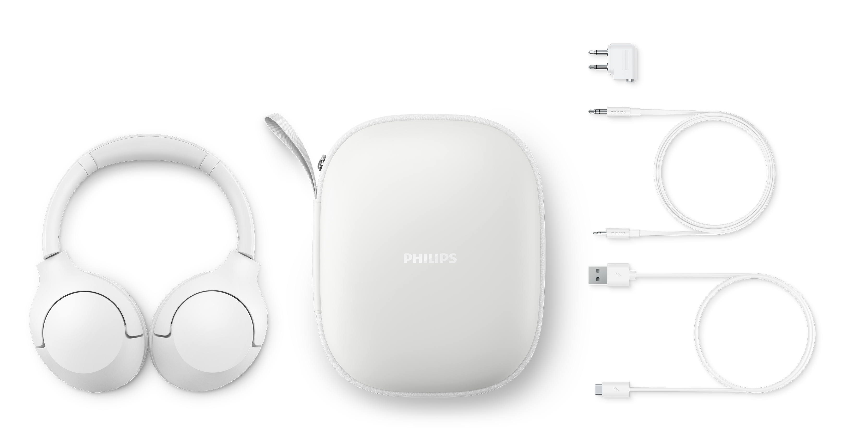 Weiße Philips Kopfhörer, Tragetasche und Ladekabel auf weißem Hintergrund.