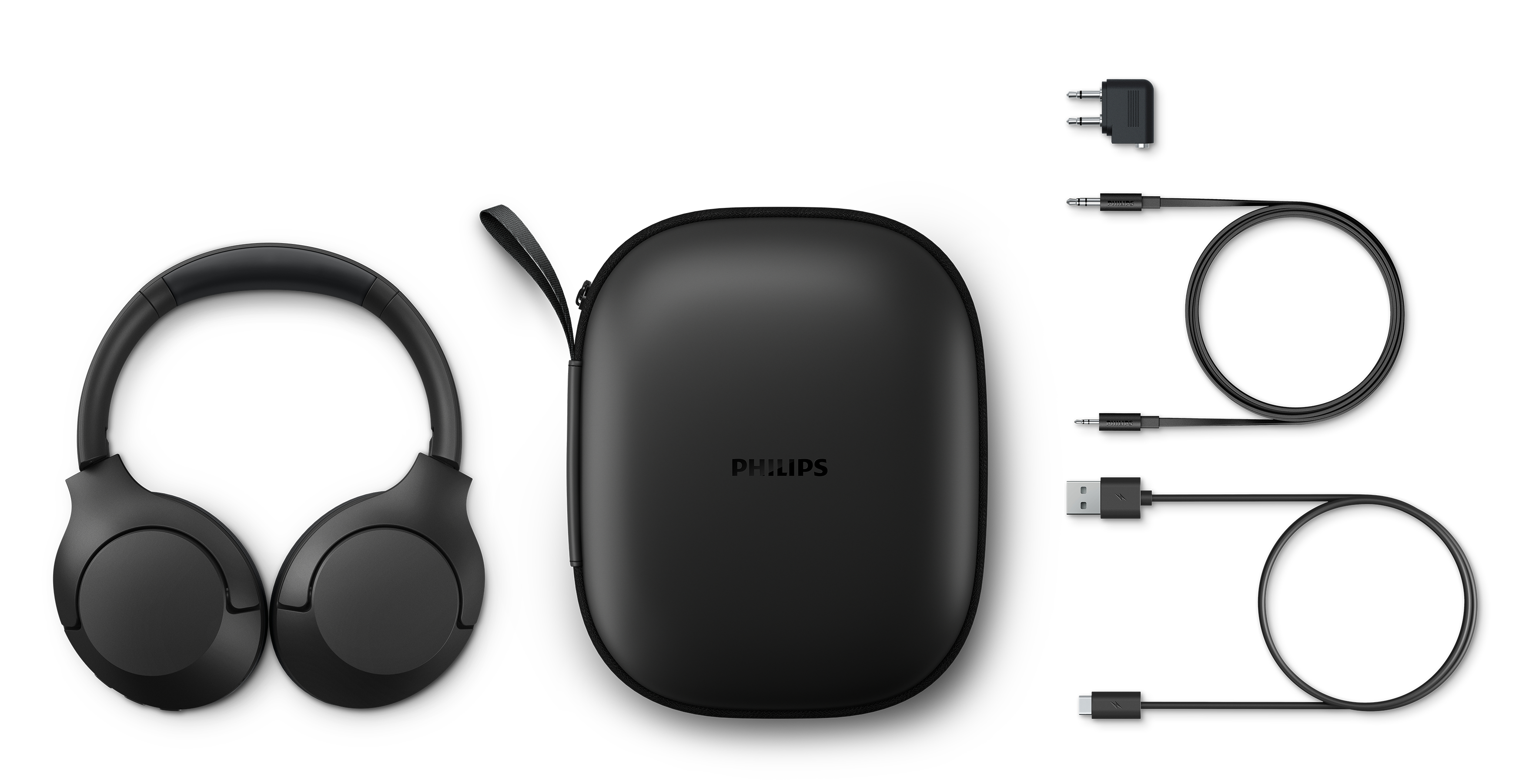 Schwarze Kopfhörer, Etui und Kabel, mit USB- und Audio-Adapter.