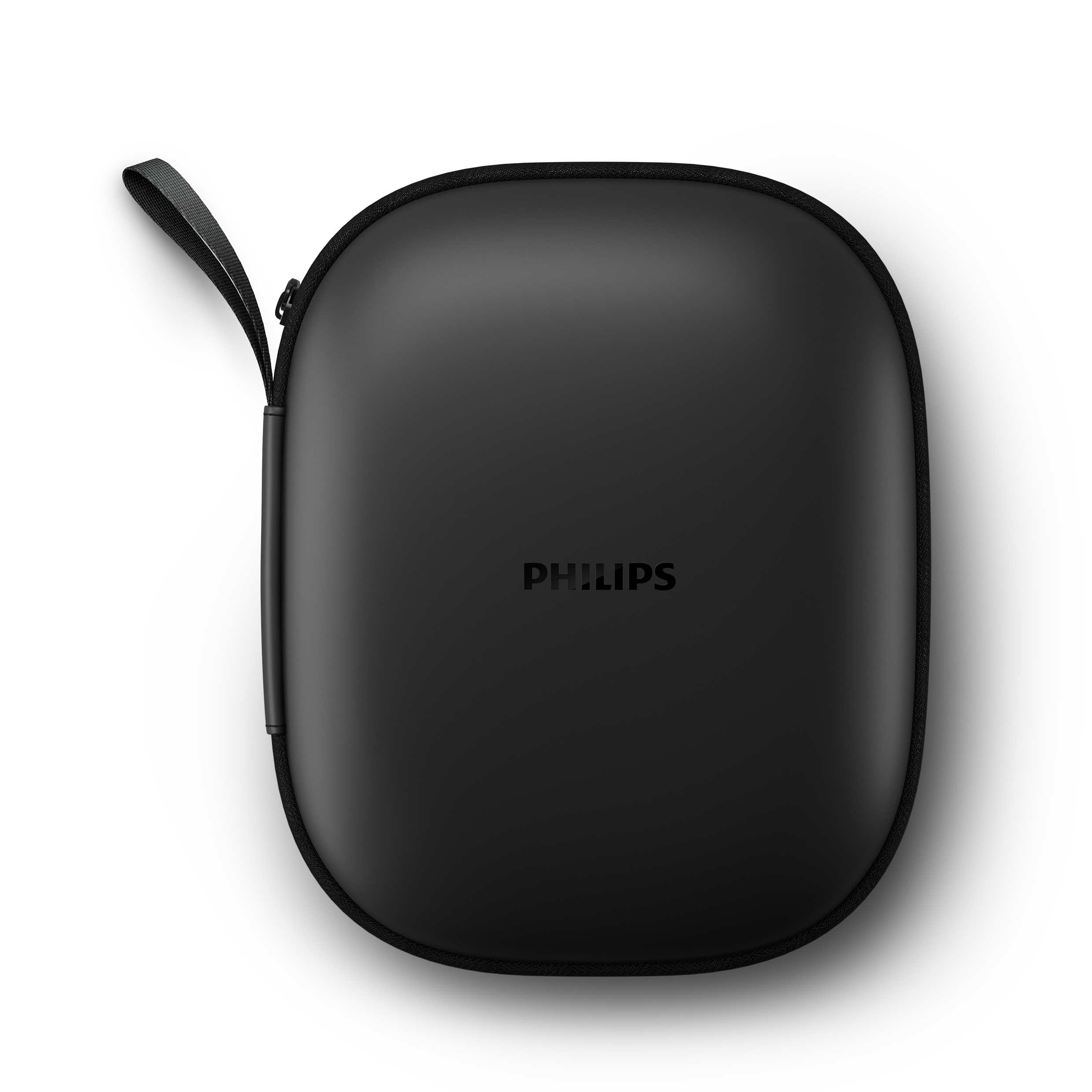 Schwarzes, ovales Philips-Kopfhörer-Etui mit mittig platziertem Markennamen.
