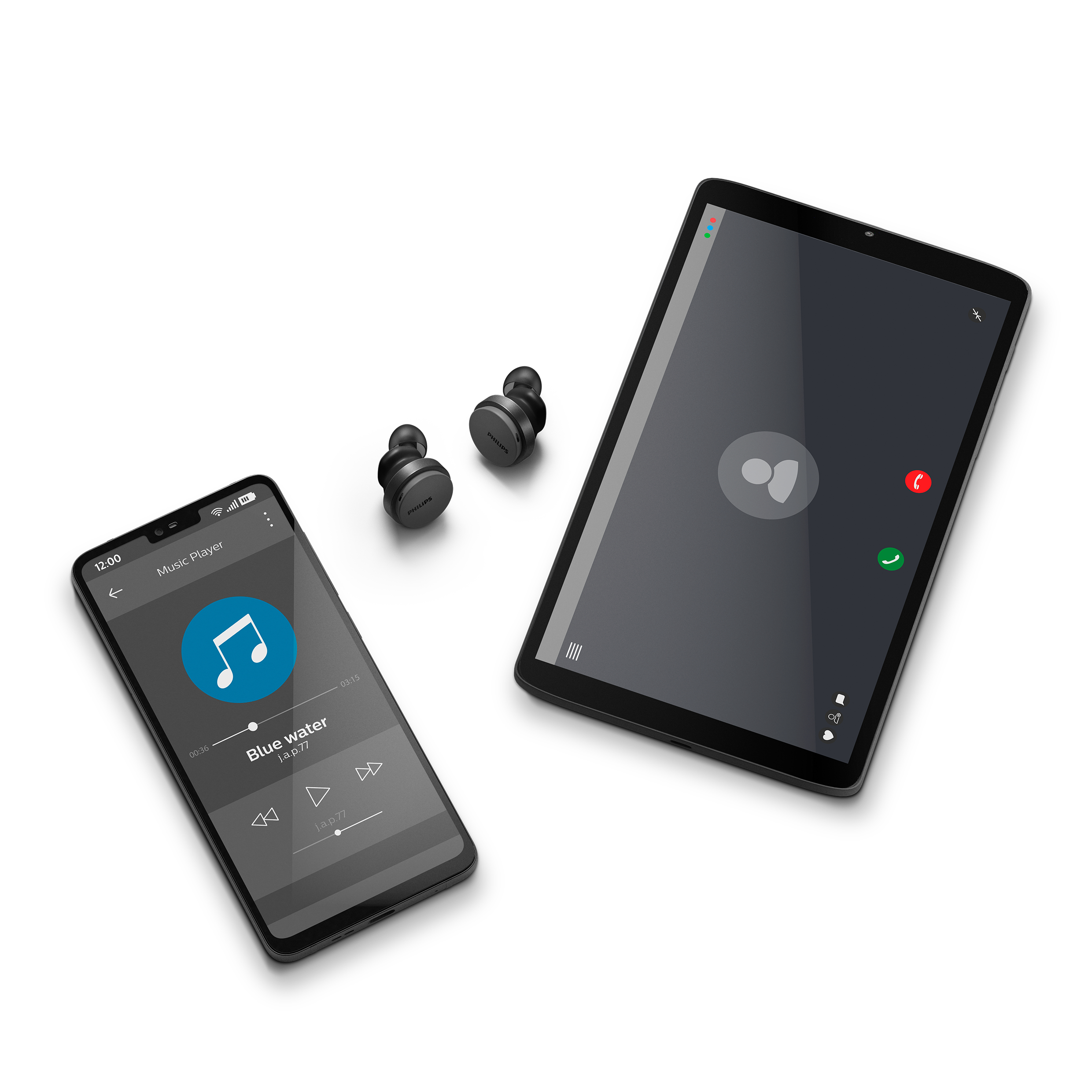 Smartphone und Tablet mit Ohrhörern. Ohrhörer befinden sich über den Geräten. Das Telefon zeigt einen Musik-Player.