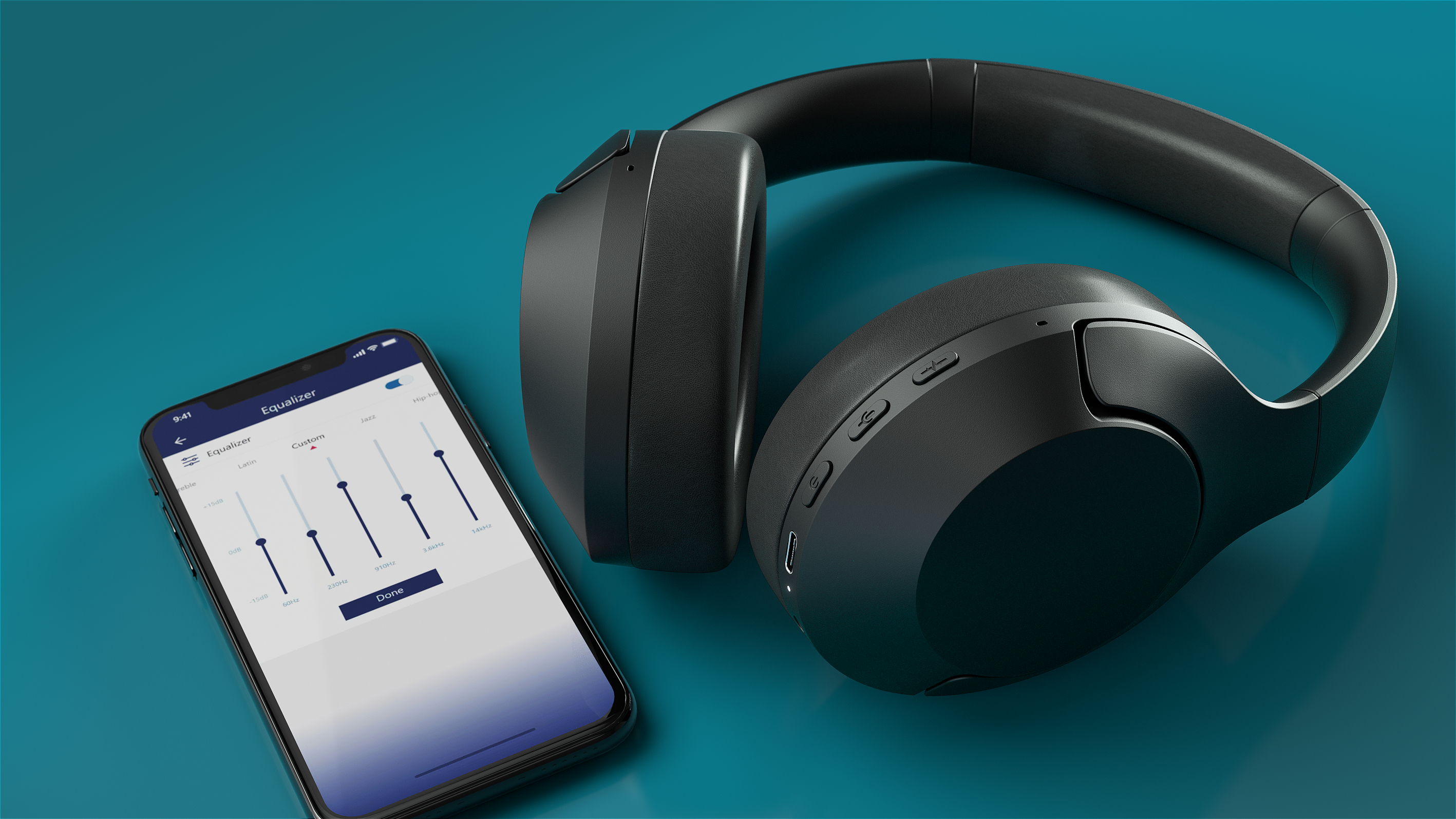 Schwarze Kopfhörer und Telefon mit Equalizer-App auf dem Bildschirm. Blauer Hintergrund.
