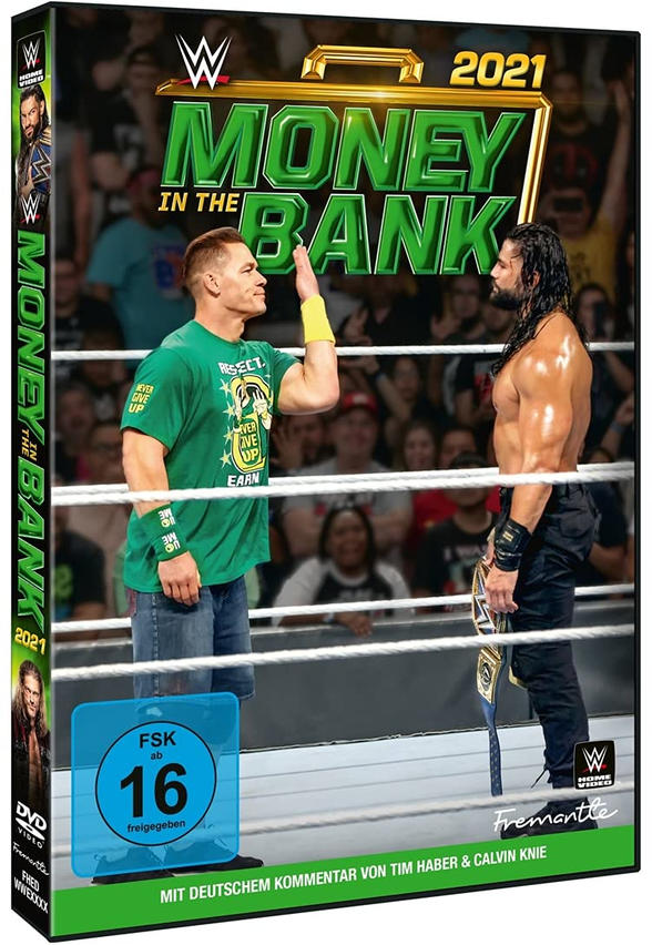 WWE Money in the Bank 2021 DVD-Cover mit den Wrestlern John Cena und Roman Reigns.