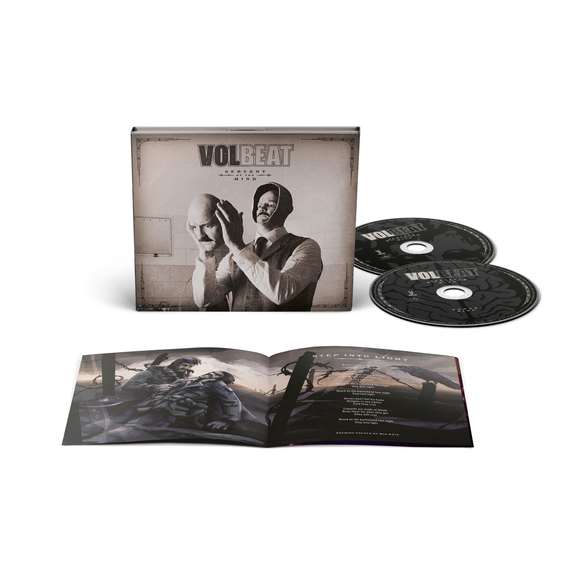 Pochette de l'album Volbeat avec deux CD et livret ouvert. La pochette montre un visage avec un masque.