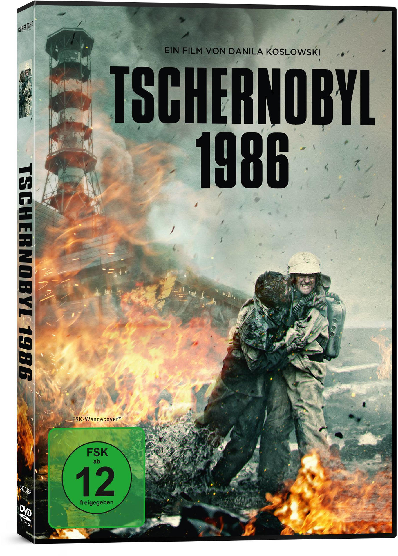 DVD-Cover von Tschernobyl 1986. Zwei Männer in Schutzkleidung in Flammen. Turm im Hintergrund.