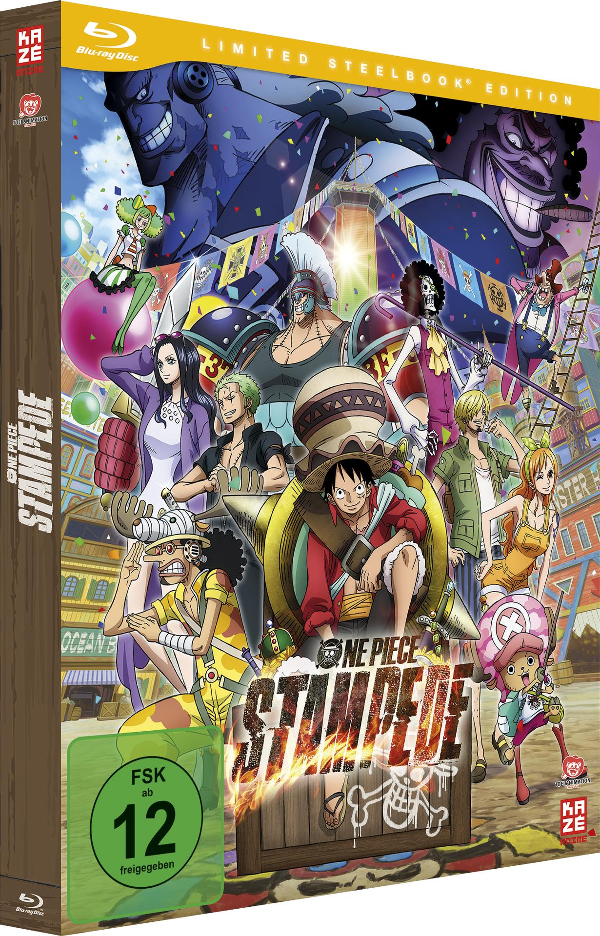 Blu-ray-Disc-Cover von One Piece: Stampede. Zeigt eine Gruppe von Anime-Charakteren.