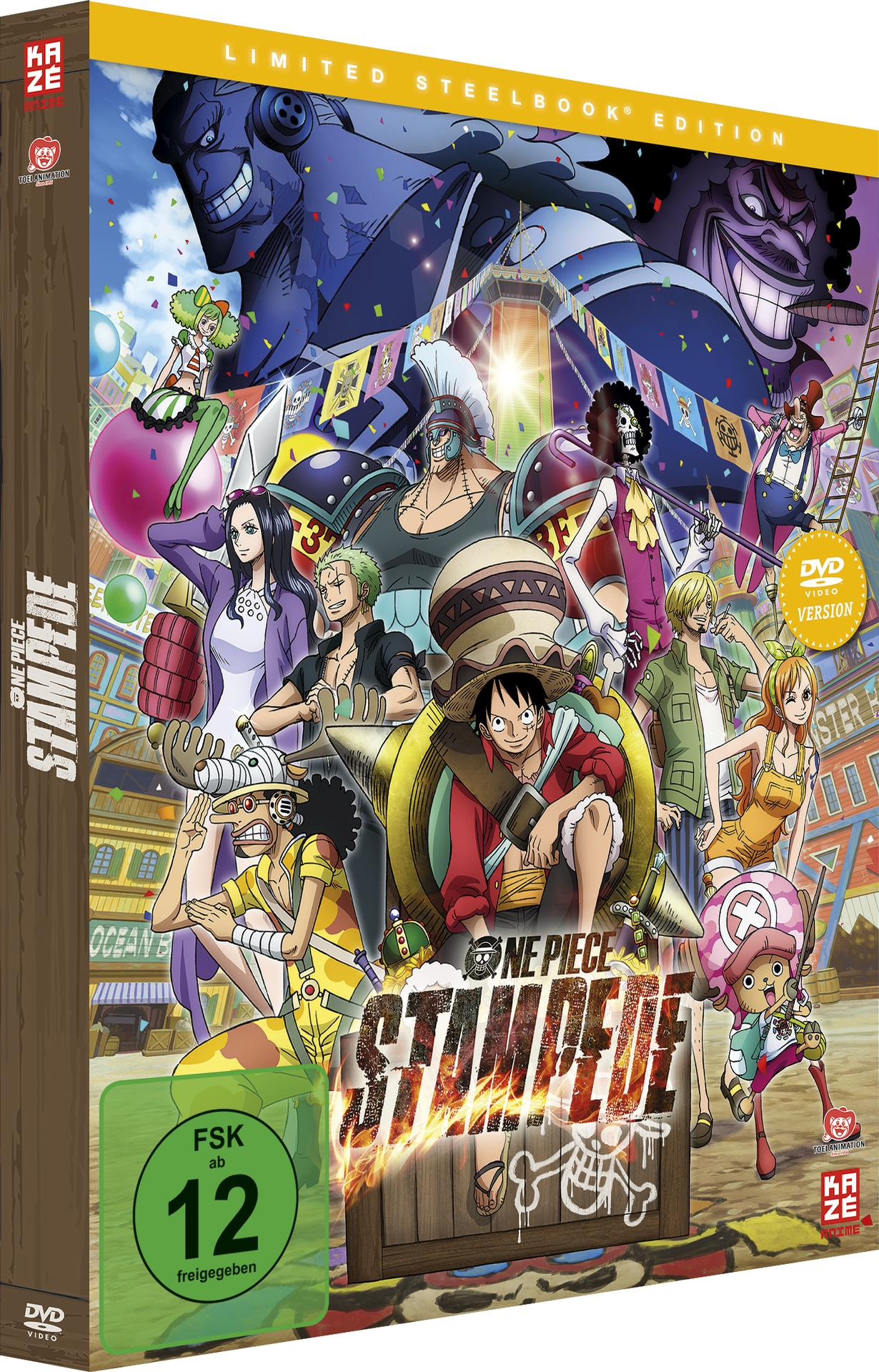 One Piece: Stampede DVD-Cover. Eine große Gruppe von Anime-Charakteren mit einer Holzkiste im Vordergrund.