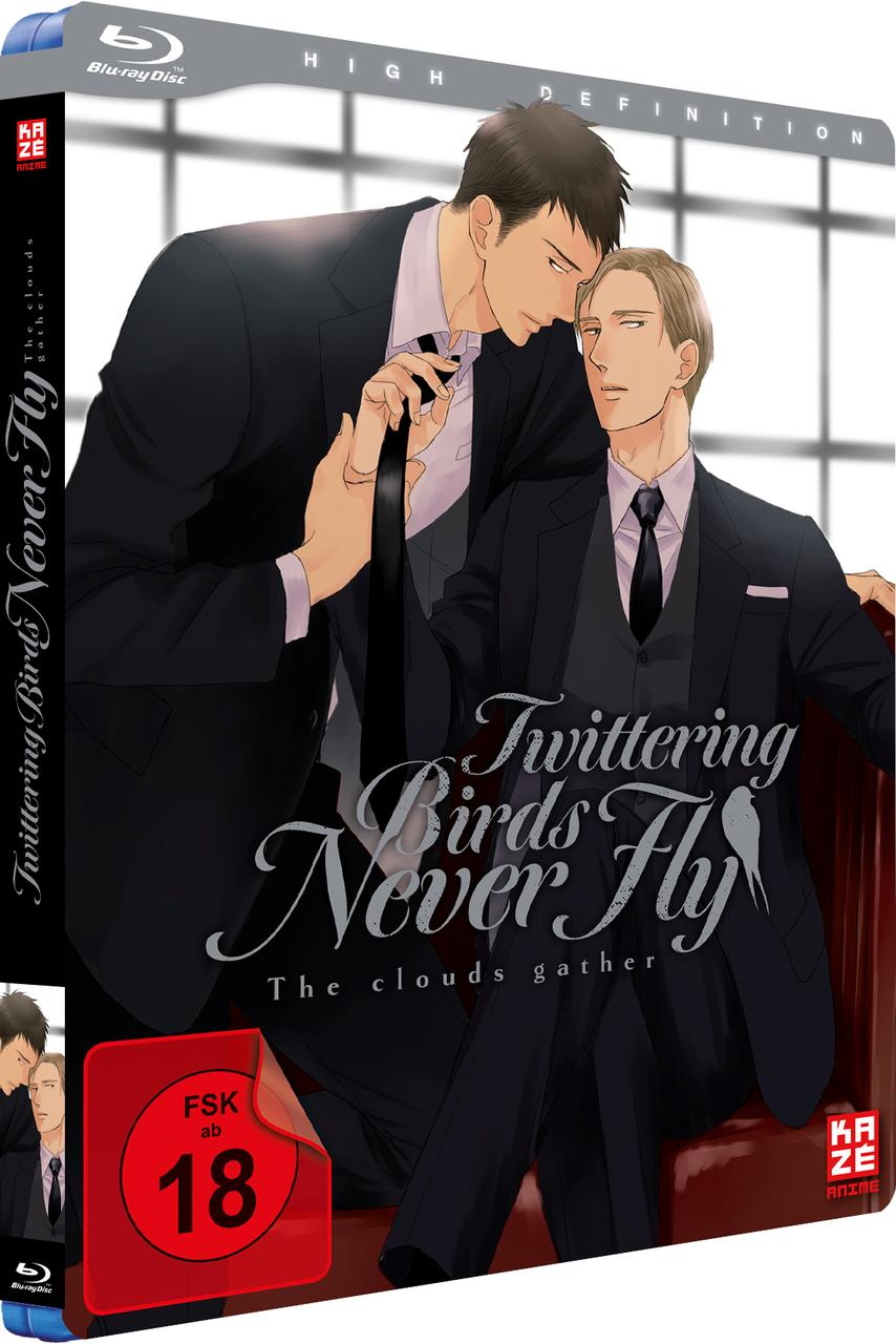 Blu-ray-Disc-Cover: Zwei Männer in Anzügen umarmen sich, Anime-Stil.