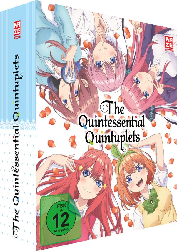 Anime-Box-Set mit fünf Cartoon-Mädchen mit bunten Haaren, Titel 'The Quintessential Quintuplets'.