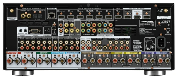 Rückseite eines schwarzen Audio-Receivers mit verschiedenen Ein- und Ausgängen. Auf weißem Grund.
