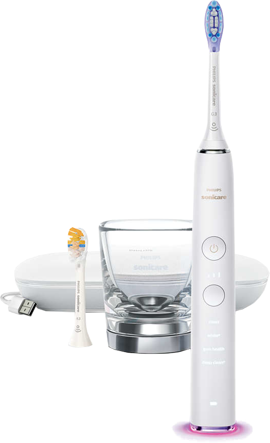 Witte Philips Sonicare tandenborstel met oplaadstation en twee opzetborstels. De achtergrond is wit.