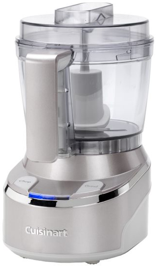 A silver Cuisinart food processor, with clear plastic bowl, a control panel with blue light.