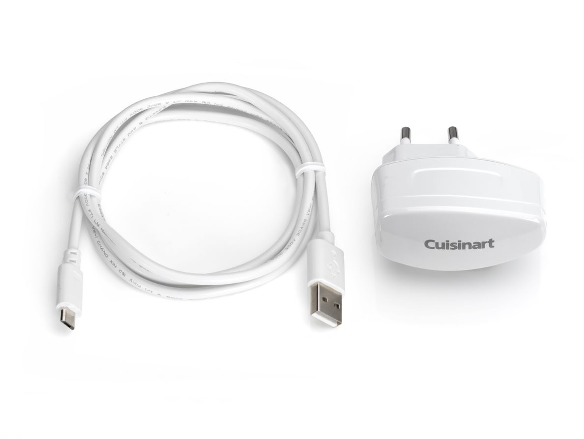 White Cuisinart charger with a USB cable. Both are on a white background.