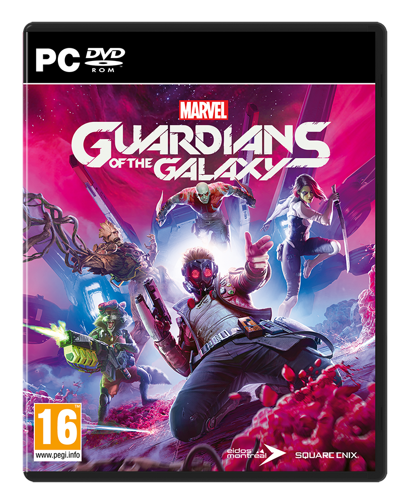 Game-omslag van Marvel's Guardians of the Galaxy. Personages zijn Star-Lord, Gamora, Rocket, Groot en Drax, met een ruimteachtergrond.