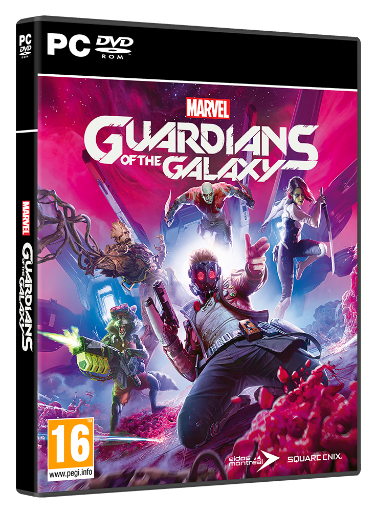 Gamecover voor Guardians of the Galaxy. Personages zijn Star-Lord, Rocket en Gamora. De achtergrond is een ruimtescène met roze tinten.