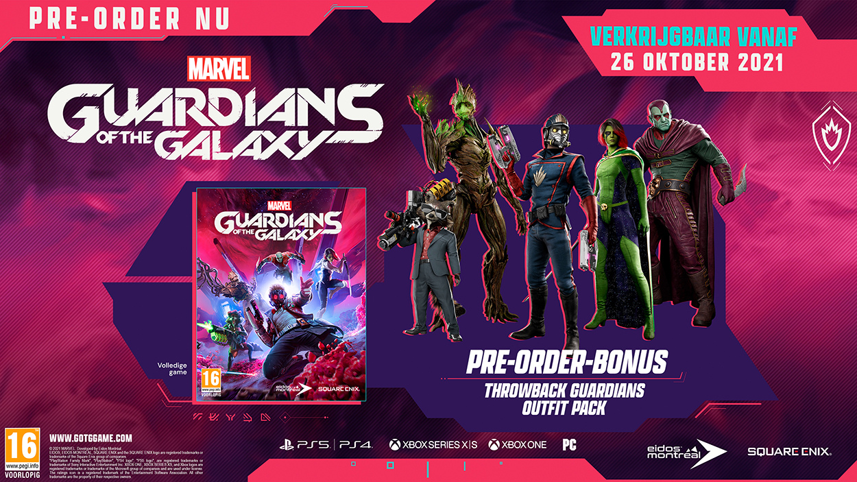 Reclame voor Marvel's Guardians of the Galaxy. Toont gamebox, personages en releasedatum: 26 oktober 2021.