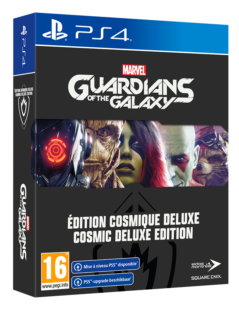 Game box with Marvel's Guardians of the Galaxy characters, with text in English and French.